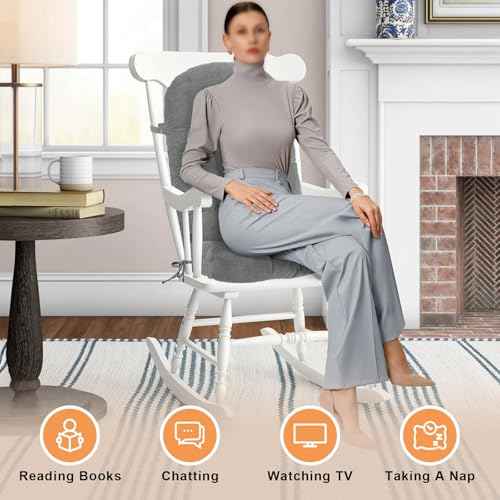 Rocking Chair Cushion - Chenille Fabric, High-Density Sponge, Durable Comfort Double-Sided Tufted Seat Pads with Ties, Chenille?Pearl Light Grey, 44x19x4 inch