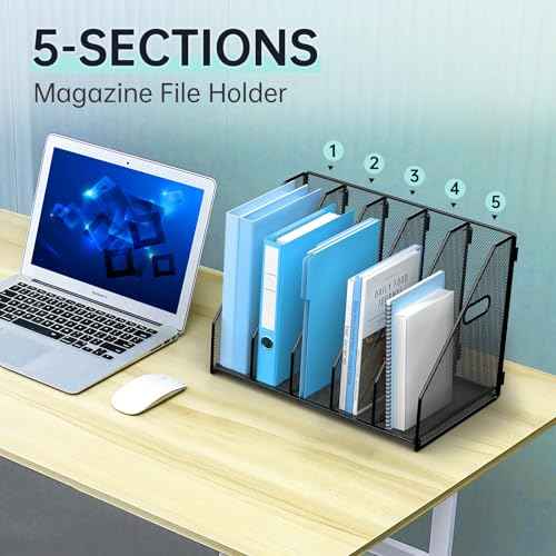 Desk File Organizer Metal Desk Magazine Folder Holder with 5 Vertical Compartments Rack File Organizer for Office, Home, School, Black