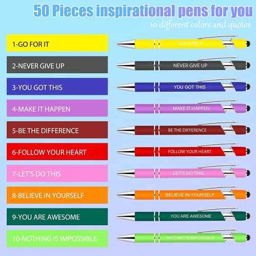 50 Pieces Inspirational Pens, Motivational Ballpoint Pen with Stylus Tip Funny Ink Pens Bulk Inspirational Gifts for Women Coworkers Office Supplies Black Ink