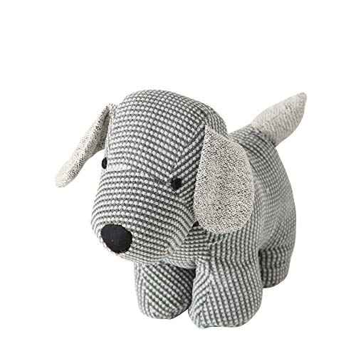 Weighted Puppy Dog Door Stopper, Floppy Ears, Grey, White, Black, Chenille and Tweed Fabric, Polyester Exterior, Polyester and Sand Filling, 9 Inches Tall, 2.2