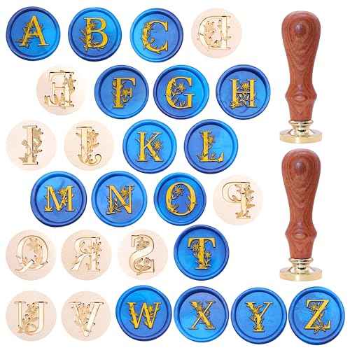 SWANGSA Initial Alphabet A-Z Wax Seal Stamp Kit, Elegant Botanical Flower Floral 26 Letter Sealing Stamp With 624pcs Beads, Warmer, and Pen