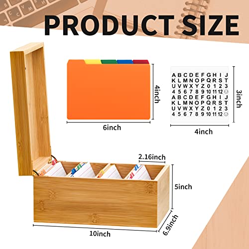 Henoyso 4 x 6 Inches Index Card Holder Set, Bamboo Recipe Box Organizer Index Cards Organizer, 50 Pcs Dividers 2 Sheets Alphabet Number Stickers File Note Holders for Office Business Home Kitchen