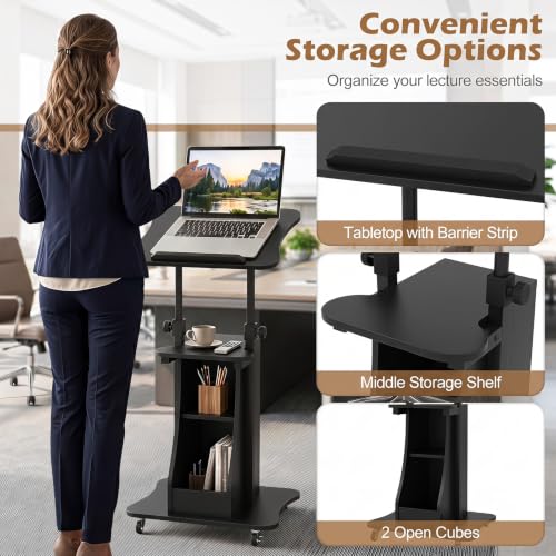 Tangkula Mobile Lectern Podium with Tilt-Top Laptop Cart, Black 20 x 16 x 44