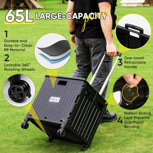 VUSIGN Folding Utility Cart, Foldable Rolling Crate Handcart with Lid, Portable Collapsible Shopping Trolley Tool Box, 4 Rotate Wheels for Grocery, Office, Travel, Teacher, Luggage, Black