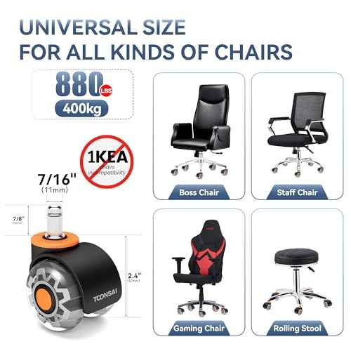 2" Office Chair Wheels,Fits Most Chairs, (There are Also Options Compatible with IKEA Chairs),Stem 7/16-7/8, Set of 5,Replacement Rubber Caster Wheel, Transparent CPU, 880LB Capacity, Smooth Rolling