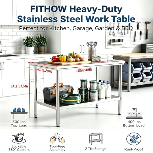 20x40 Stainless Steel Work Table with Adjustable Feet, 900 lb Capacity, 31.5" H
