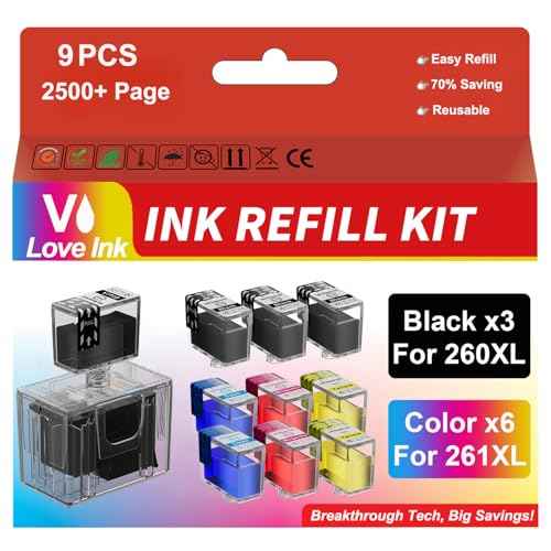 260XL 261XL Ink Refill Kit for Canon 260 and 261 Ink Cartridges Compatible with Canon TS6420a Ink Cartridges PIXMA TS6400 TS6420 TR7020a TR7000 TR7020 TS5320, 9 Pack (3BK/2C/2M/2Y)