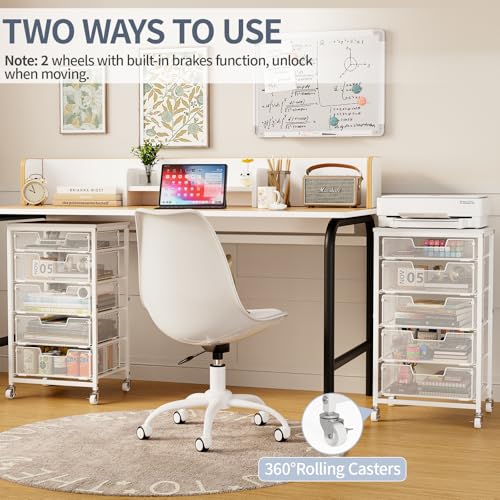 5 Drawer Mobile File Cabinet, Under Desk Mobile Filing Cabinet with Wheels, Vertical Metal Filing Chest Rolling Small Desk Printer Stand Storage Organization for Home Office, White