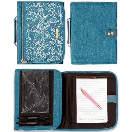 Christian Art Gifts Faith Badge Floral Women's Tri-Fold Organizer Bible Cover Zipper Closure, Teal Canvas, Large