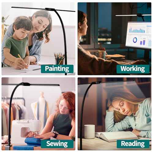 LED Desk Lamp with Two Heads, Clamp On Desk Lamps, 12W, 2000 LMS, CRI>90, 5 Color Modes (2700K-6500K), Various Brightness Levels, Adapter Included