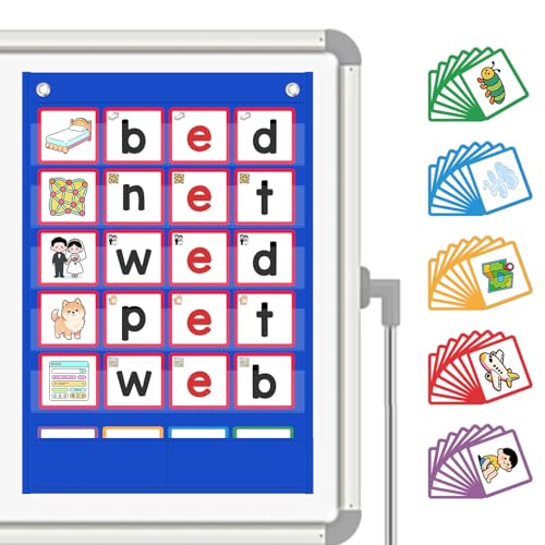 ANSTROUT CVC Word Building Pocket Chart - Blue, 5 Pockets + 144 Phonics Flash Cards