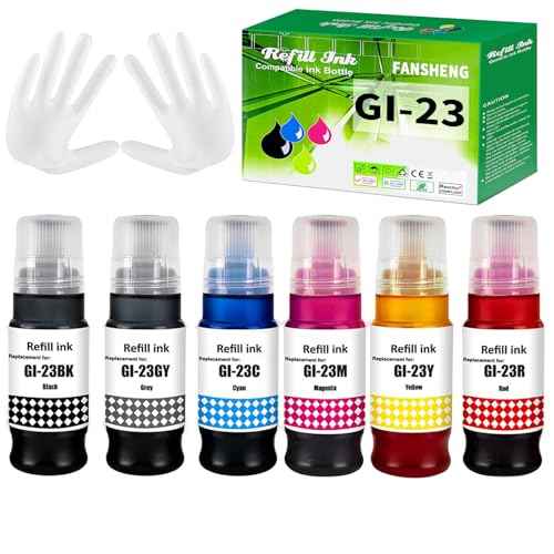 GI-23 Printer Ink for Canon GI23 Ink Refill Bottles Kit, Compatible with Canon PIXMA G620 G520 Inkjet Printer 70ml BK/C/M/Y/RD/GY Printer Ink (6-Pack, High-Capacity Value)