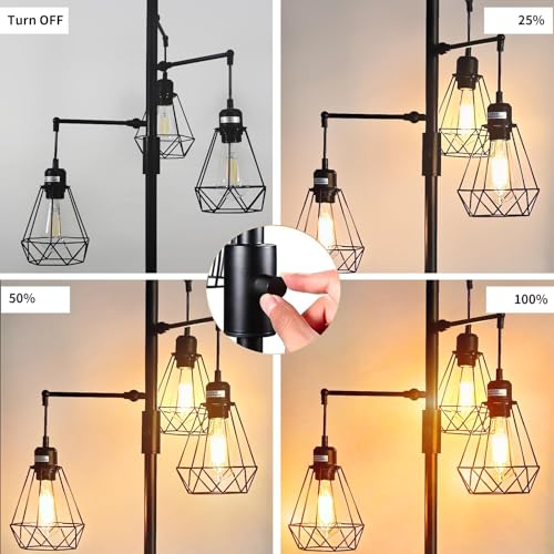 JuGuo 69" Industrial Tree Floor Lamp with Stepless Dimming - Adjustable Cage Shades & weighted Base, Vintage Dimmable Standing Light for Living Room/Office, 3x Edison Bulbs Included (Farmhouse Rustic)