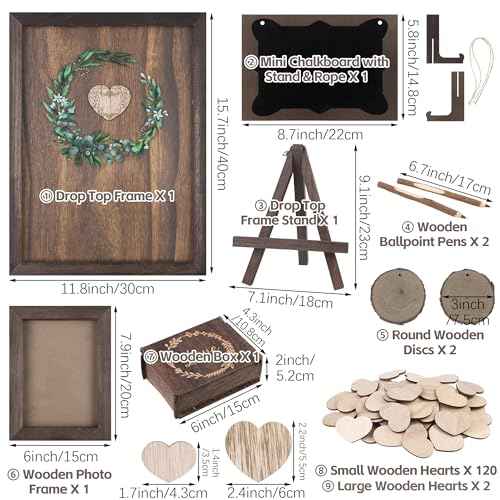 Aodaer Wedding Guest Book Alternative Drop Top Frame Heart Drop Wood Guest Book with Stand 122 Wooden Hearts Pens Box Mini Blackboard Rustic Wedding Decorations for Reception Baby Shower, Brown