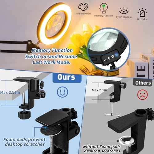 HITTI Ultra Long 12X & 30X Magnifying Glass with Light and Clamp, 5 Color Modes Steepless Dimming Desk Lamp, Swivel Arm Workbench Light, Hands Free Lighted Magnifier Stand for Craft Reading Hobby