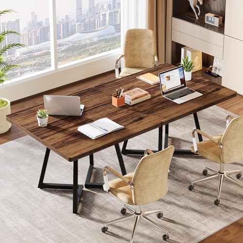 Tribesigns 31.5" Square Conference Table Brown & Black – Industrial Meeting Table for 4 with Metal Base, 1 Pack
