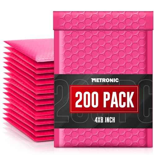 METRONIC 4x8 Bubble Mailers 200Pack, Waterproof Pink Bubble Mailers, Self Seal Padded Envelopes for Small Business Packaging Supplies Padded Mailer Usable Size 4x7