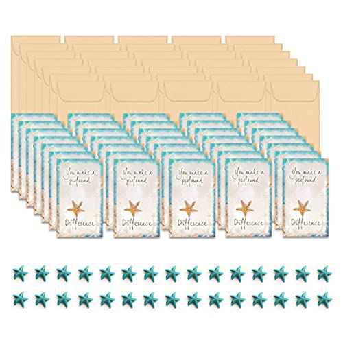 Smiling Wisdom - 30 Bulk Gifts - Starfish Story You Make a Profound Difference - Staff Employee Team Appreciation Mini 3.5X2 in Card & Turquoise Starfish - 90pcs - Kraft Envelopes