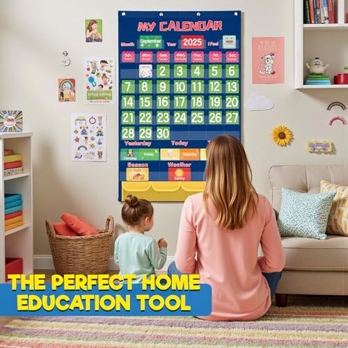 Blue Classroom Calendar Pocket Chart for Elementary with 144 Colorful Cards