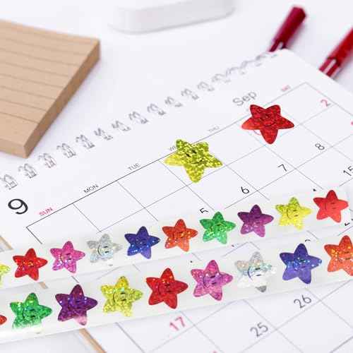 500 Pcs Star Smiley Stickers for Rewarding Student Behaviour, 8 Colour Glitter Star Stickers for Teachers, Student Behaviour Sheets, Handbooks, Greeting Card Decorations (1 Pack)