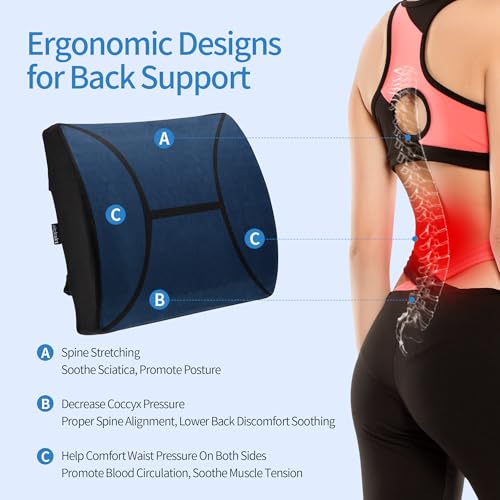 Lumbar Support Pillow for Office Chair - Memory Foam Back Cushion for Chair, Car, Couch - Lumbar Pillow Promotes Better Posture, Back Pain Relief with Adjustable Strap & Non-Slip