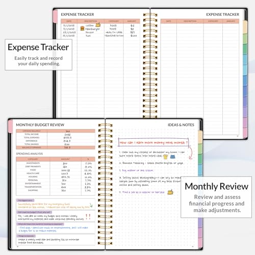 SUNEE Budget Planner - Monthly Budget Book with Expense Tracker Notebook, Undated 12 Month Bill Organizer & Finance Planner to Manage Your Money, A5(6.4" x 8.3") Account Book with Colorful Tab, Black