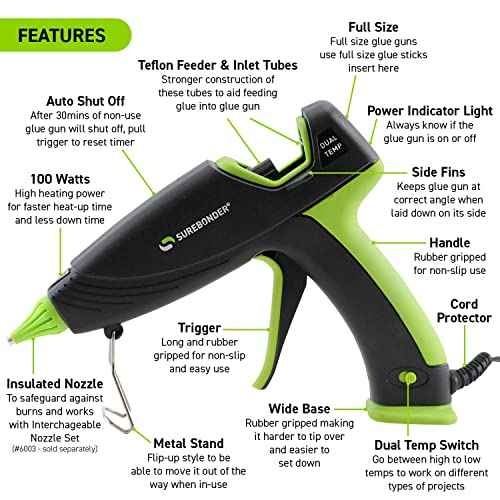 Surebonder Hot Glue Gun and Glue Sticks, Full Size 100W Dual Temperature Hot Glue Gun with 20 All Purpose Glue Sticks, 30 Minute Auto-Shut-Off, Black