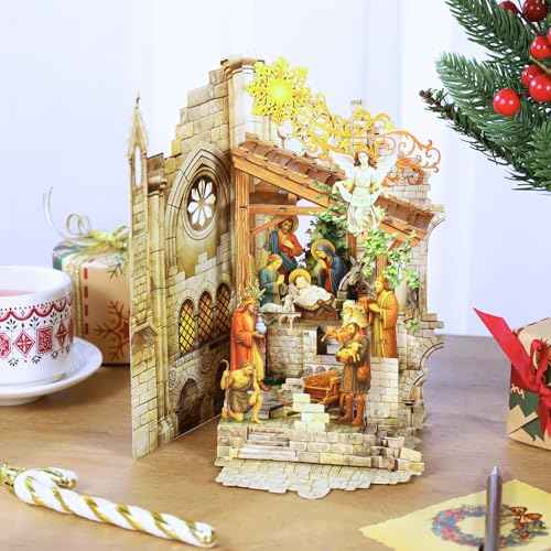Pop up Christmas Cards Nativity, Holy Night Nativity, 3D Elegant Religious Card with Envelope for Holiday, Manger Scene, Angel, Jesus Christ, Holy Family,Handcrafted Decoration, Merry Christmas Gift