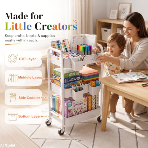 Aofure White 3-Tier Metal Rolling Cart with Wheels, Cups & Hooks - Multi-Purpose Storage