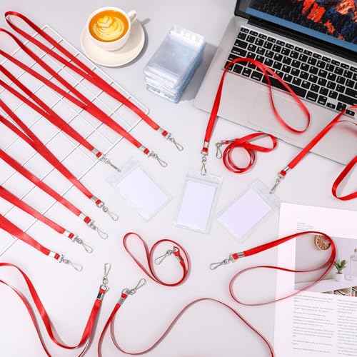 Harloon 300 Pack Clear ID Badge Holder with Lanyard 2.75 x 4.53 Inch Bulk Waterproof Vertical Card Holders with Flat Neck Lanyards and Swivel Hooks for Cruise, School, Office Supplies(Red)