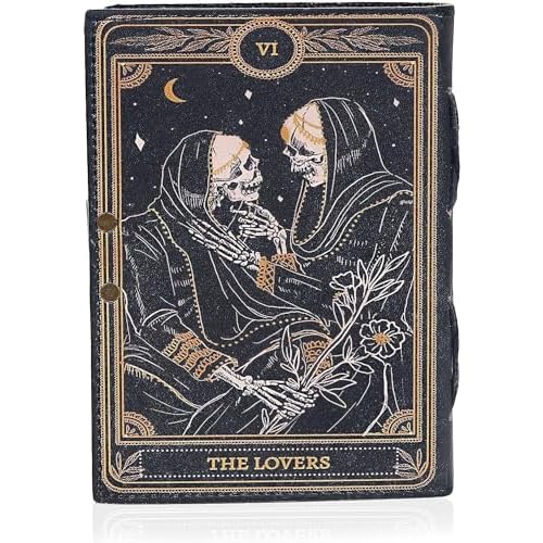 C CUERO Book of Spells Leather Journal Deckle Edge Paper Grimoire Printed Journal The Lovers Tarot Notebook Spiral Gothic Notebook Skull lover Antique Vintage Leather Journals for Men and Womens 10