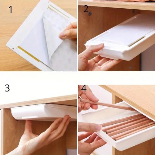 1pc Hidden Adhesive Drawer Storage Box Under The Desk, Fixed Square Office Stationery, Makeup Pen, Drawer Style Non Perforated Anti theft Storage Box Under The Desk