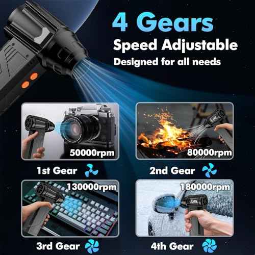IVJ Compressed Air Duster, 180000RPM Super Power Cordless Electric Air Duster with LED Light Rechargeable 4 Gear Adjustable Mini Air Duster, Dust Blower for Computer, Keyboard, House, Outdoor and Car