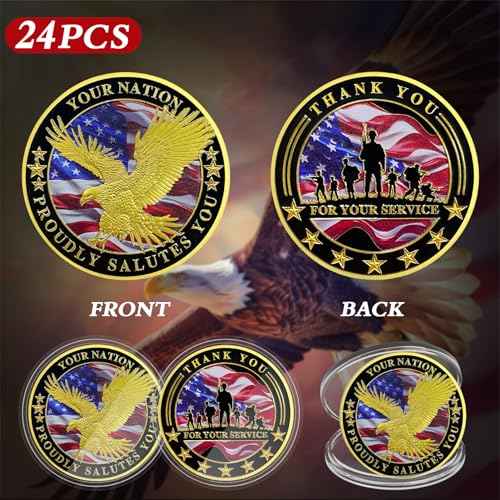 24 Pcs Military Challenge Coins - Thank You for Your Service Bulk Veterans Challenge Coin Military Appreciation Gifts for Men Women Veterans Army