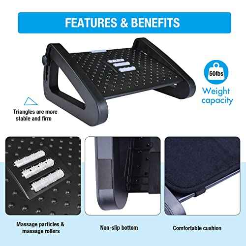 Scalebeard Ergonomic Foot Rest for Under Desk, 6-Heights Adjustable Foot Stool with Removable Cushion and Massage Roller, Office Chair Footrest for Leg Rest