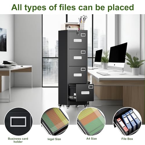 Aobabo Black 4-Drawer Metal File Cabinet with Lock & Wheels, Office Storage