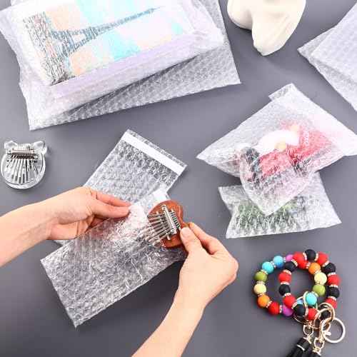 100 Pcs 5 Sizes Clear Bubble Bags Self Adhesive Bubble Cushioned Pouches Double Walled Shockproof Clear Cushioning Wrap Bags for Packing Moving Shipping and Storage