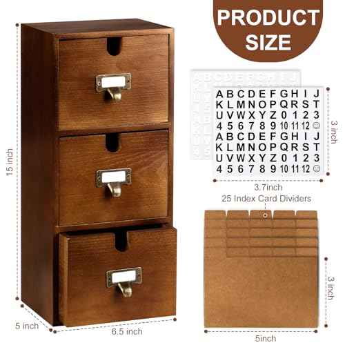 DLUGOPIS 3 Tier Index Card Holder 3x5 Wooden Card Catalog Box with 3 Drawers Brown Index Card Storage Box Flash Card Holder 25 Index Card Dividers 2 Letter Smile Stickers for Office