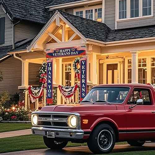 3 Pcs Veterans Day Porch Banners Thank You Banner 4th of July Patriotic Independence Day Backdrop Thank You Veterans Backdrop Blue Veteran's Fence Banner Decorations for Party