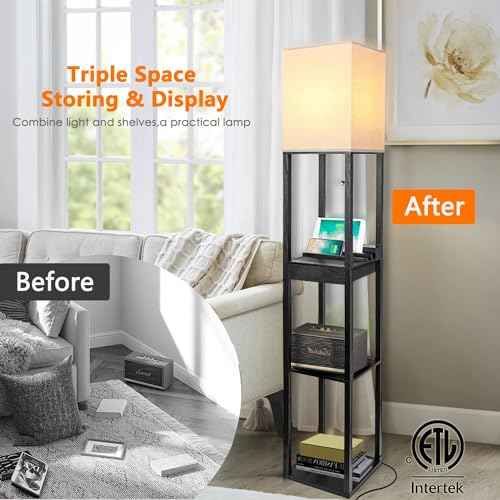 Shelf Floor Lamps for Living Room,Tall Standing Lamp with Shelves and Drawer,2 USB Charging Ports & 2 Power Outlet,Bright 3CCT LED Bulb Included - Black