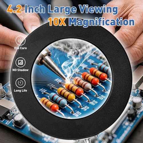 HITTI 10X Magnifying Glass with Light, 1,800 Lumens Stepless Dimmable, 3 Color Modes, 4.2¡È Real Glass Lens LED Magnifying Desk Lamp & Clamp, Magnifier Light and Stand for Crafts Welding Close Work