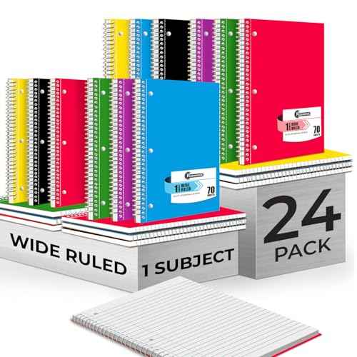 Rosmonde Spiral Notebooks, 24 Pack, 1 Subject Notebook, Wide Ruled, 70 Sheets, 8 x 10-1/2", 3 Hole Punched, School Supplies, Bulk Single Subject Spiral Notebook Bulk, Assorted Colors Pack of Notebooks