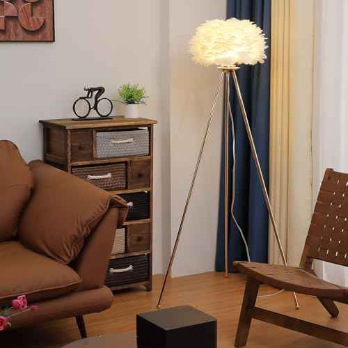 Modern Gold Feather Floor Lamp,Tripod Floor Lamp with White Feather Shade,Elegant Standing Tall Lamp for Bedroom Living Room Home Decor