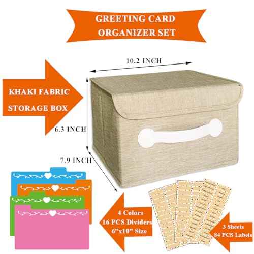 Greeting Card Organizer & Storage Boxes with 16 Pieces Adjustable Dividers, Storing 120+ Cards with 84 Pieces Labels (Khaki - 2 Pack)
