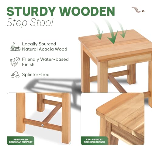12" White Oak Wooden Step Stool - Victory Relax, Solid Acacia, Small Bathroom Stool