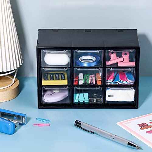 Rtteri 9 Pieces Mini Drawer Organizer Plastic Desktop Storage Box Desk Craft Organizer with 9 Clear Drawers for Office Home Jewelry Small Parts Belongings Cosmetics Collection, Wall Mounted (Black)