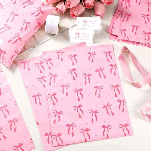 200 Pack 10x13 Pink Bow Poly Mailers Set Waterproof Self Adhesive Cute Shipping Bags with Thank Cards and Stickers Set for Small Business Large Mailing Envelopes Bulk Tear Resistant