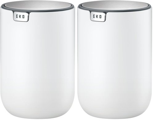 EKO Mini Desk Trash Can with Swing-Top Lid 0.4 Gallon Small Table Round Wastebasket for Office, Home, Car (White) (Pack of 2)