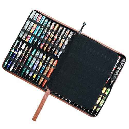 Real Leather Pen Case for Fountain Pen/Rollerball Pen, Genuine Cowhide Holder Pouch Bag for 46 Pens, Fit in Various Size Large Capacity Office Business Gift - Brown