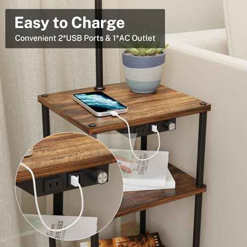 Floor Lamp with Table,Foor Lamp with Shelves,Side Table with USB Charging Port and Outlet,Modern Bedside Nightstand End Table with Lamp for Living Room,Bedroom,Guest Room,Bulb Included